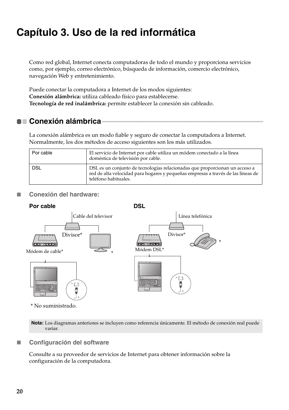 Capítulo 3. uso de la red informática, Conexión alámbrica | Lenovo G555 Notebook User Manual | Page 28 / 120