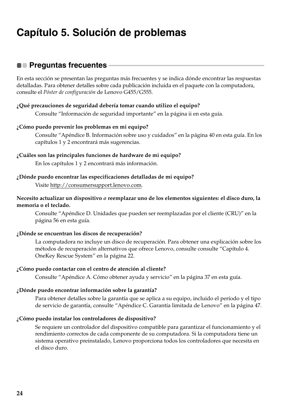 Capítulo 5. solución de problemas, Preguntas frecuentes | Lenovo G555 Notebook User Manual | Page 32 / 120