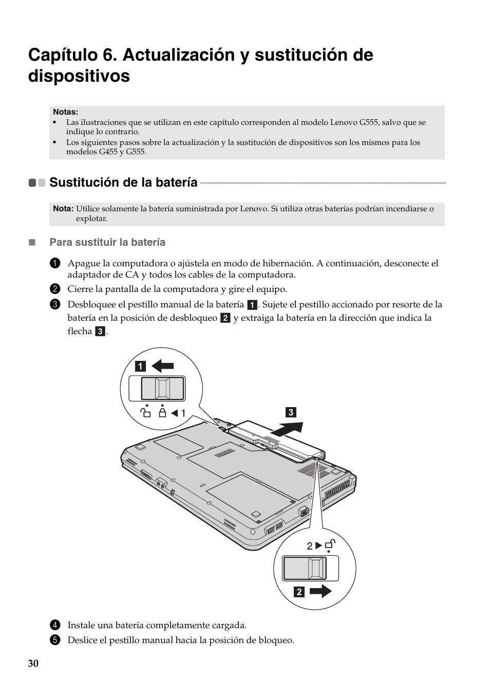 Sustitución de la batería | Lenovo G555 Notebook User Manual | Page 38 / 120