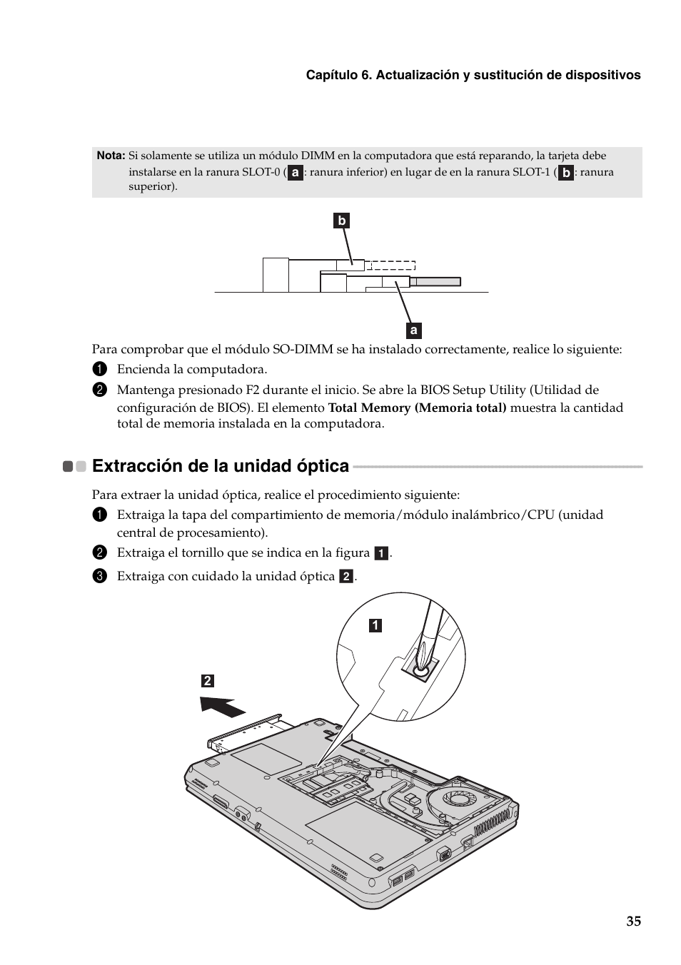 Extracción de la unidad óptica | Lenovo G555 Notebook User Manual | Page 43 / 120