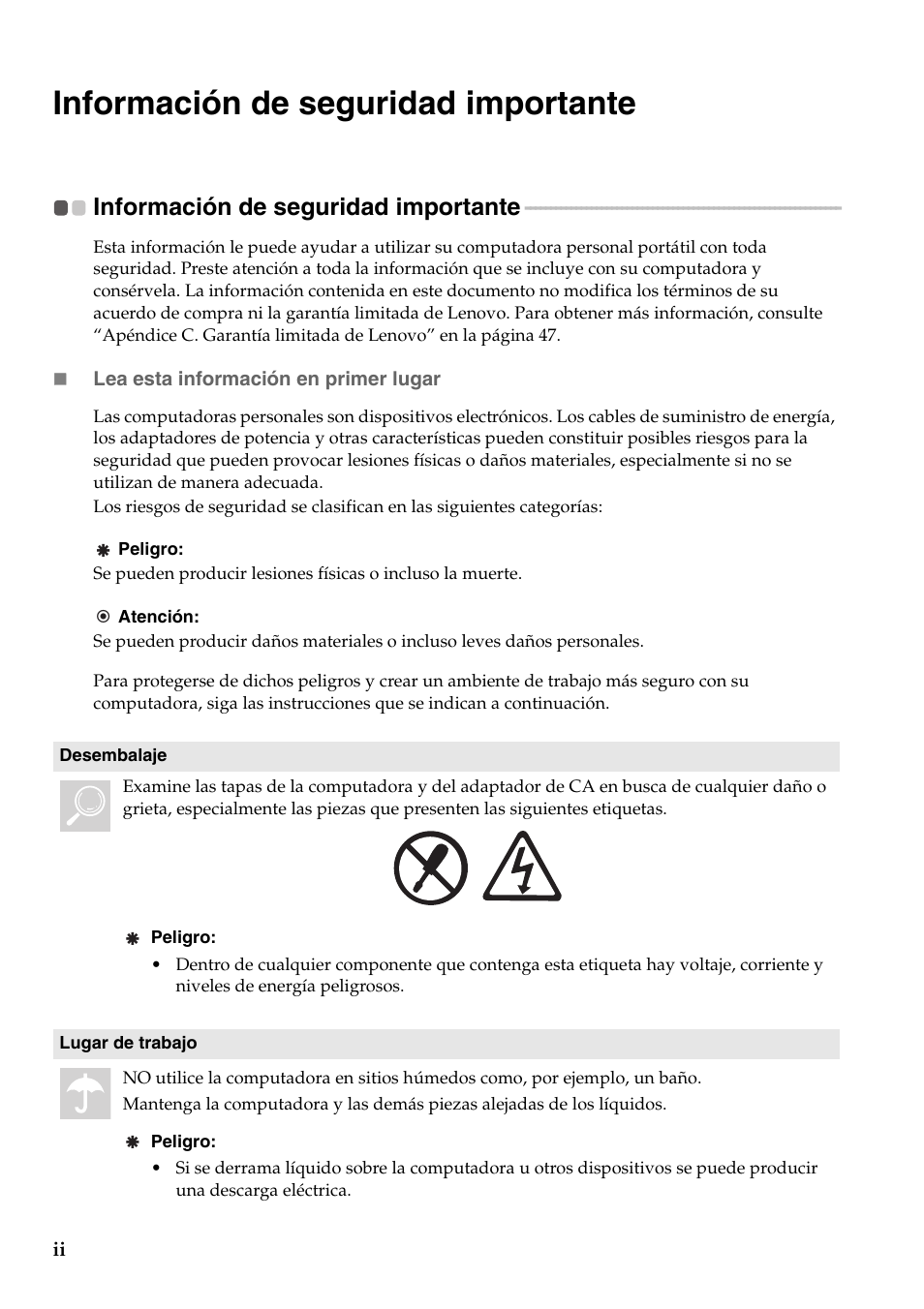 Información de seguridad importante, Información de seguridad importante........ii, Información de seguridad importante .......ii | Lenovo G555 Notebook User Manual | Page 6 / 120