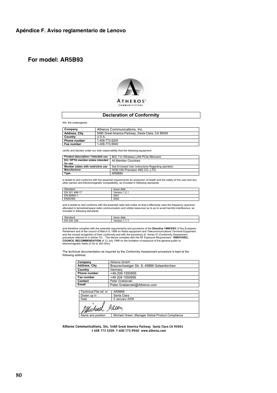 For model: ar5b93, Apéndice f. aviso reglamentario de lenovo, Declaration of conformity | Lenovo G555 Notebook User Manual | Page 88 / 120