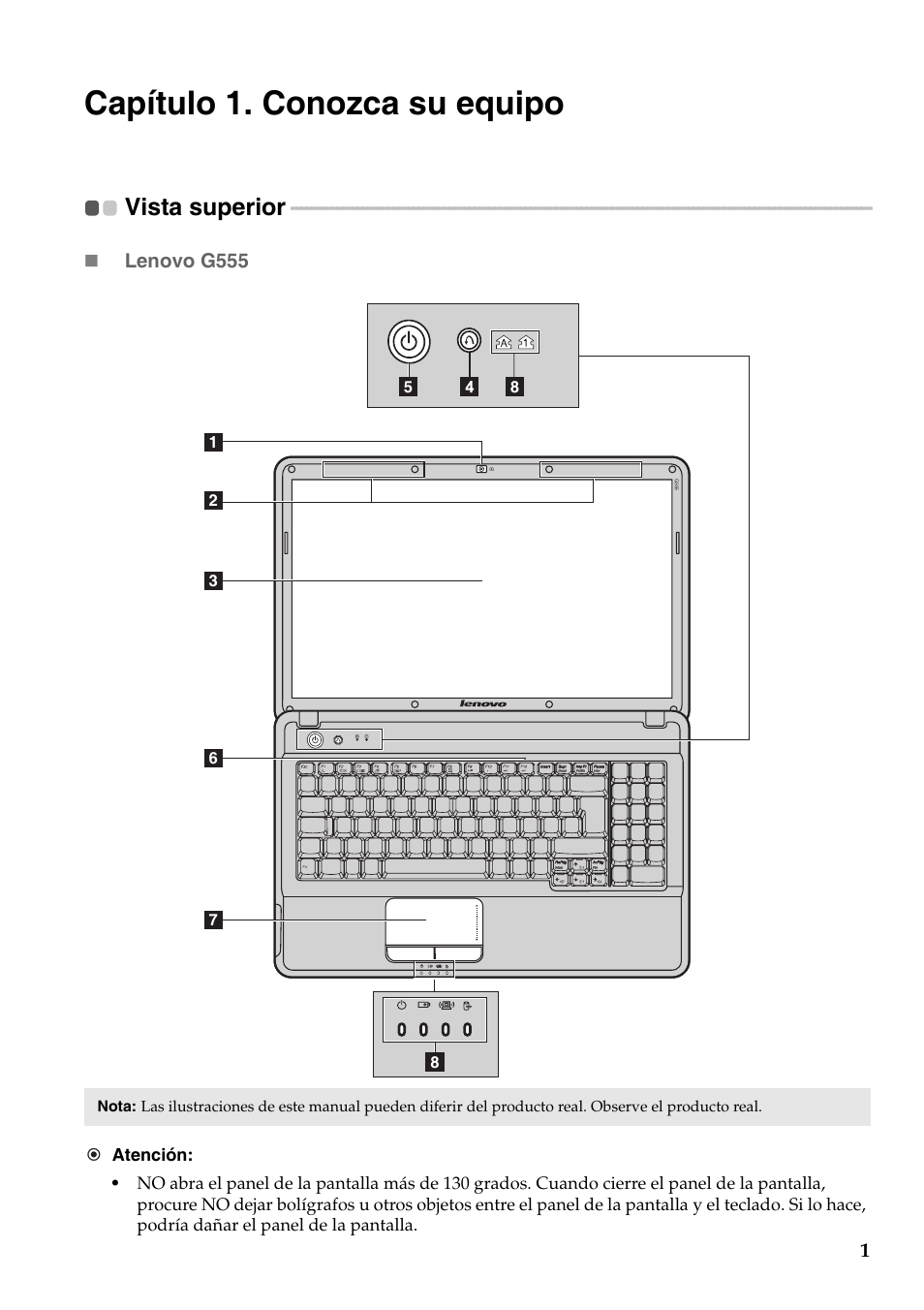 Capítulo 1. conozca su equipo, Vista superior | Lenovo G555 Notebook User Manual | Page 9 / 120