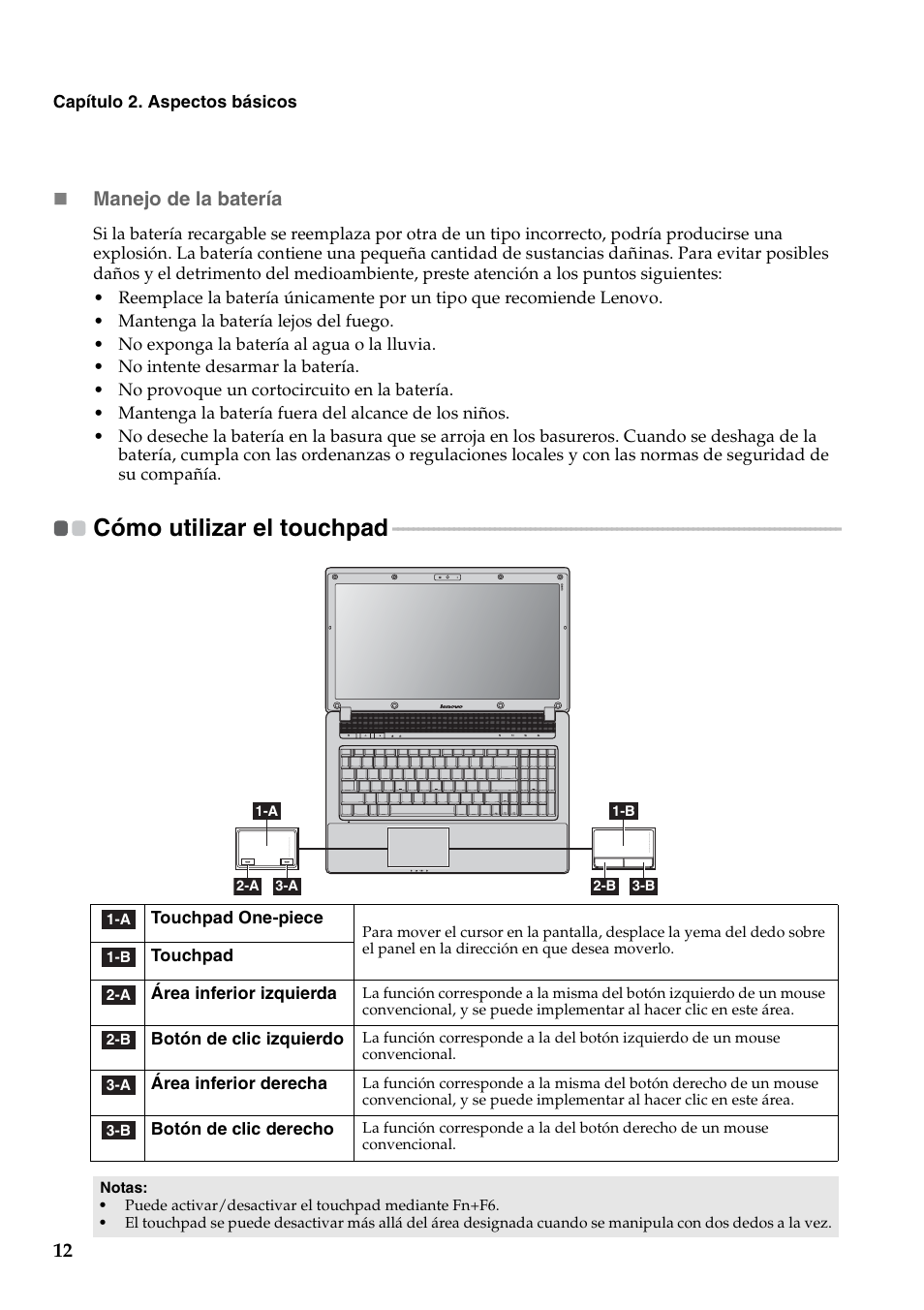 Cómo utilizar el touchpad, Manejo de la batería | Lenovo G460 Notebook User Manual | Page 20 / 136