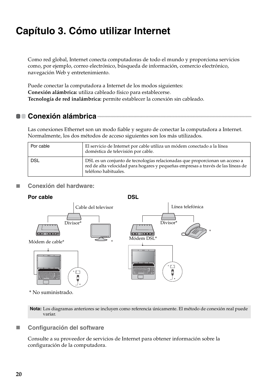 Capítulo 3. cómo utilizar internet, Conexión alámbrica | Lenovo G460 Notebook User Manual | Page 28 / 136