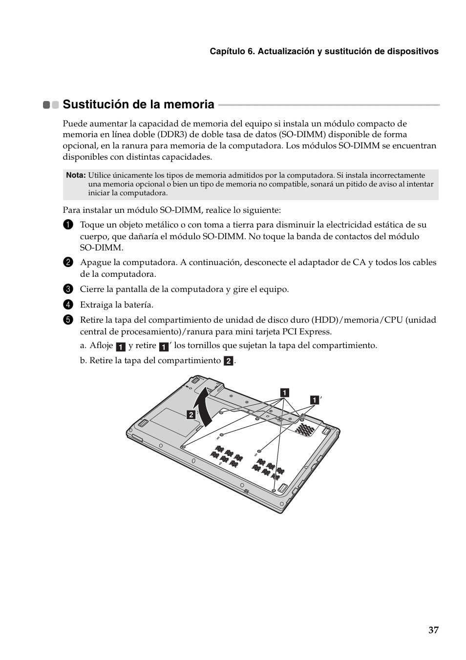 Sustitución de la memoria | Lenovo G460 Notebook User Manual | Page 45 / 136