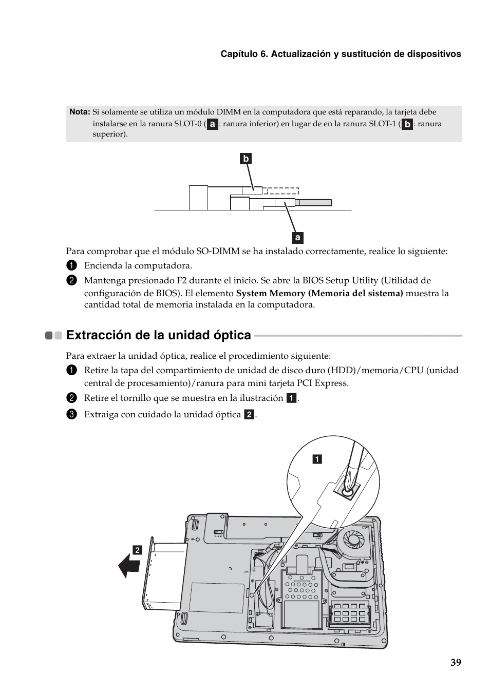 Extracción de la unidad óptica | Lenovo G460 Notebook User Manual | Page 47 / 136