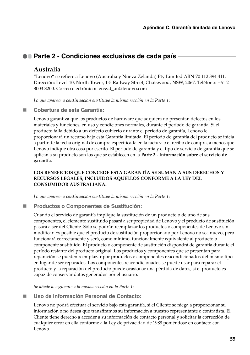 Parte 2 - condiciones exclusivas de cada país | Lenovo G460 Notebook User Manual | Page 63 / 136