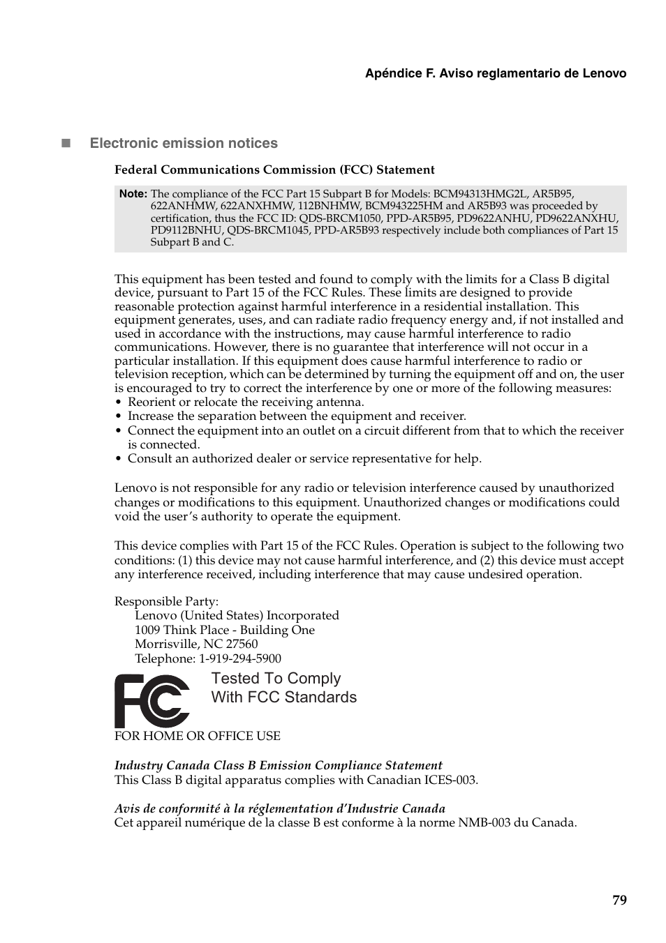 Tested to comply with fcc standards | Lenovo G460 Notebook User Manual | Page 87 / 136