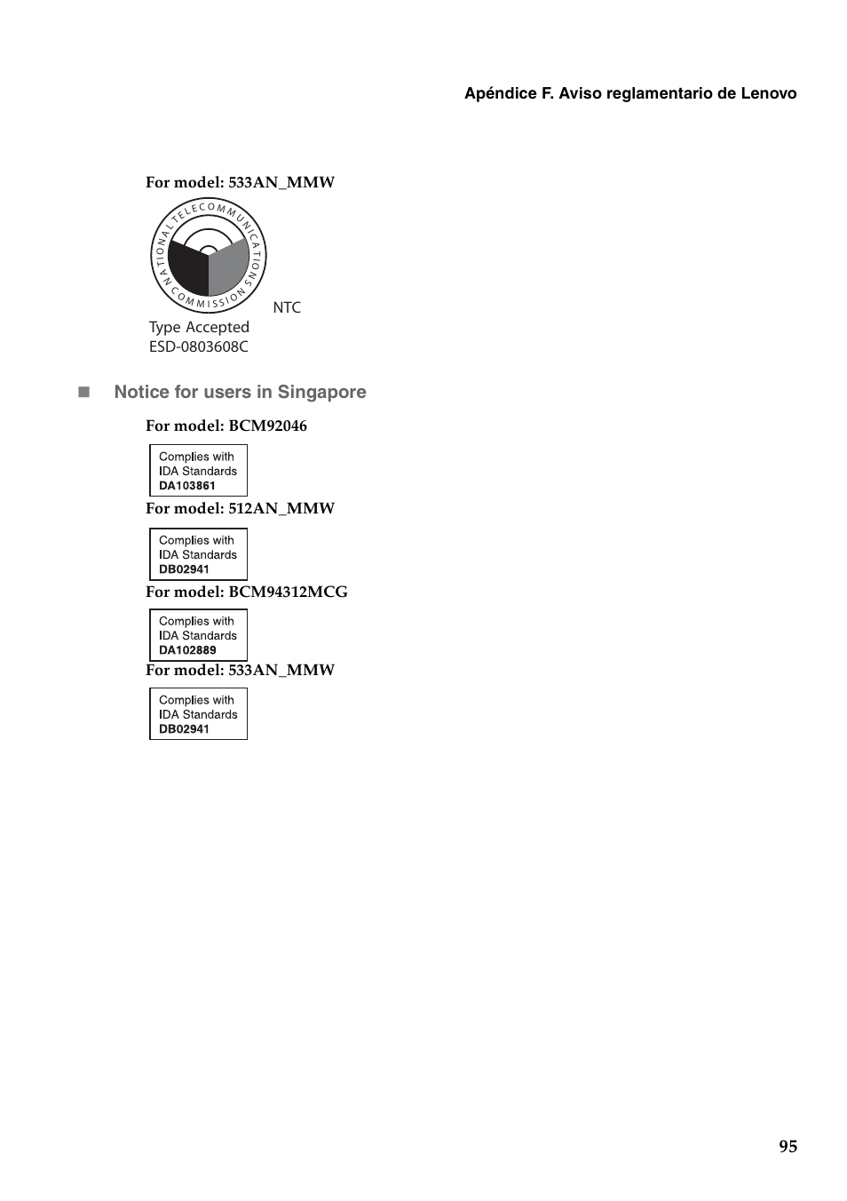 Notice for users in singapore, Apéndice f. aviso reglamentario de lenovo, For model: 533an_mmw | Lenovo G450 Notebook User Manual | Page 103 / 112