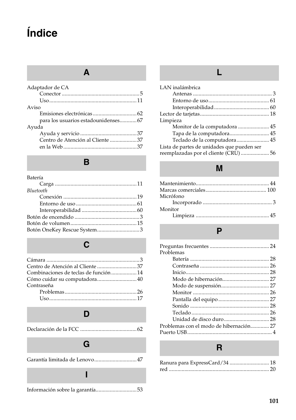 Índice | Lenovo G450 Notebook User Manual | Page 109 / 112
