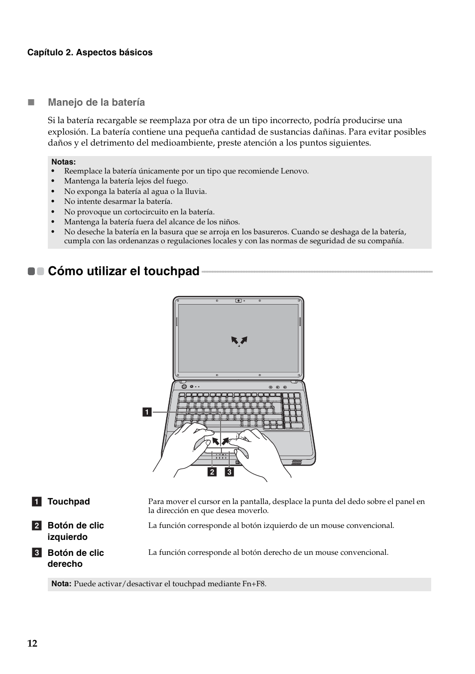 Cómo utilizar el touchpad, Manejo de la batería | Lenovo G450 Notebook User Manual | Page 20 / 112