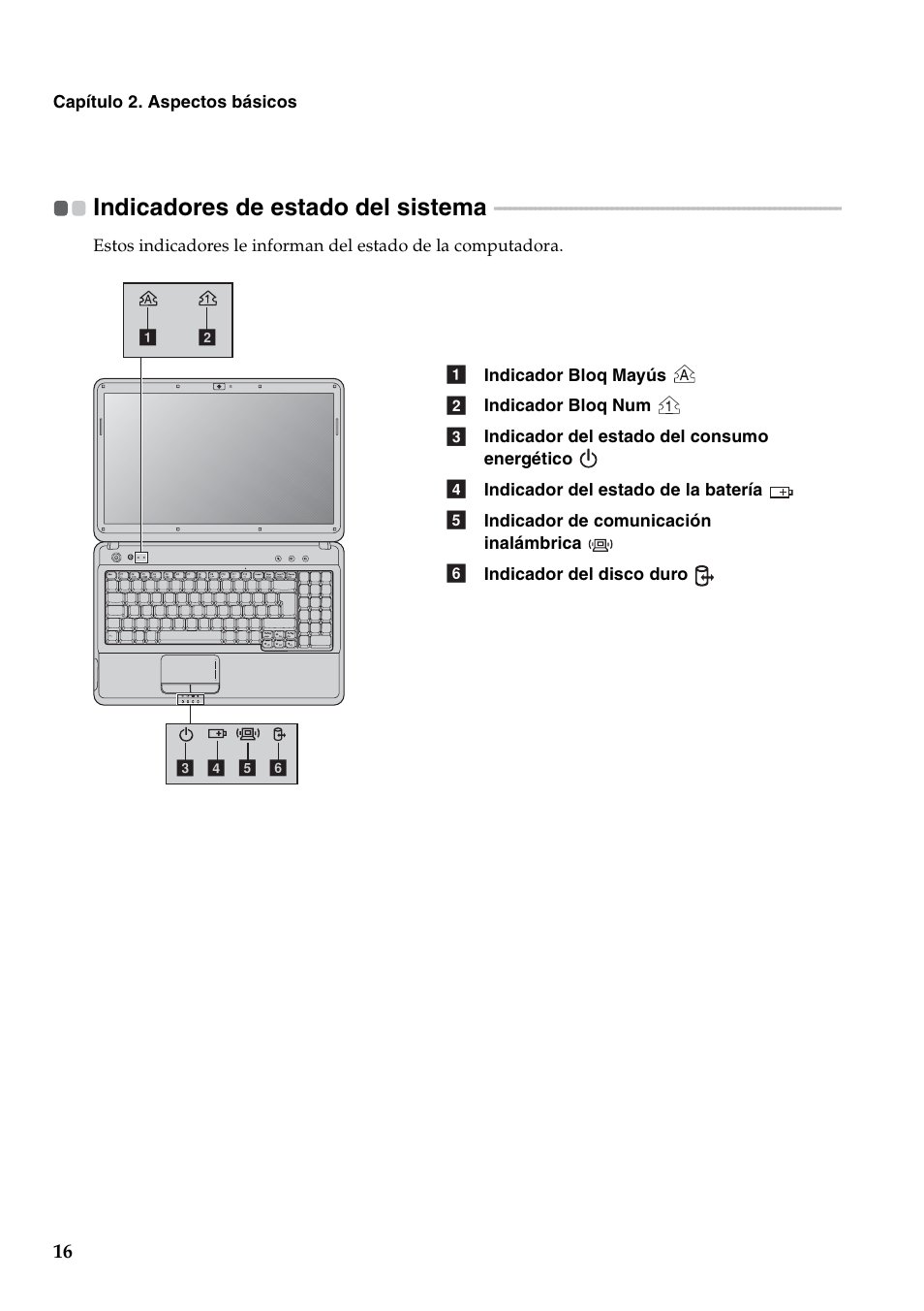 Indicadores de estado del sistema | Lenovo G450 Notebook User Manual | Page 24 / 112