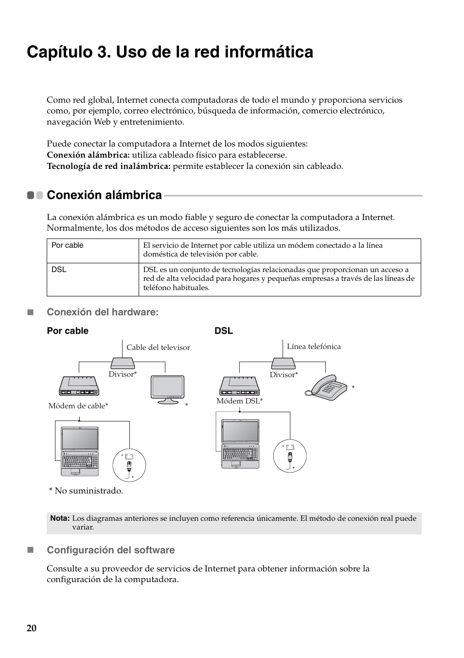 Capítulo 3. uso de la red informática, Conexión alámbrica | Lenovo G450 Notebook User Manual | Page 28 / 112