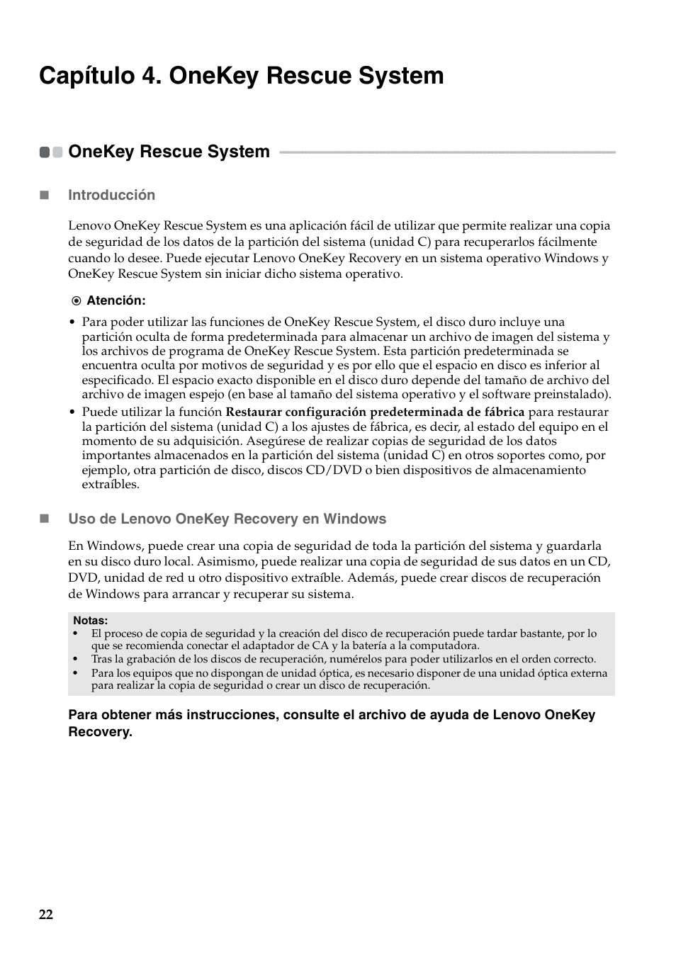 Capítulo 4. onekey rescue system, Onekey rescue system | Lenovo G450 Notebook User Manual | Page 30 / 112