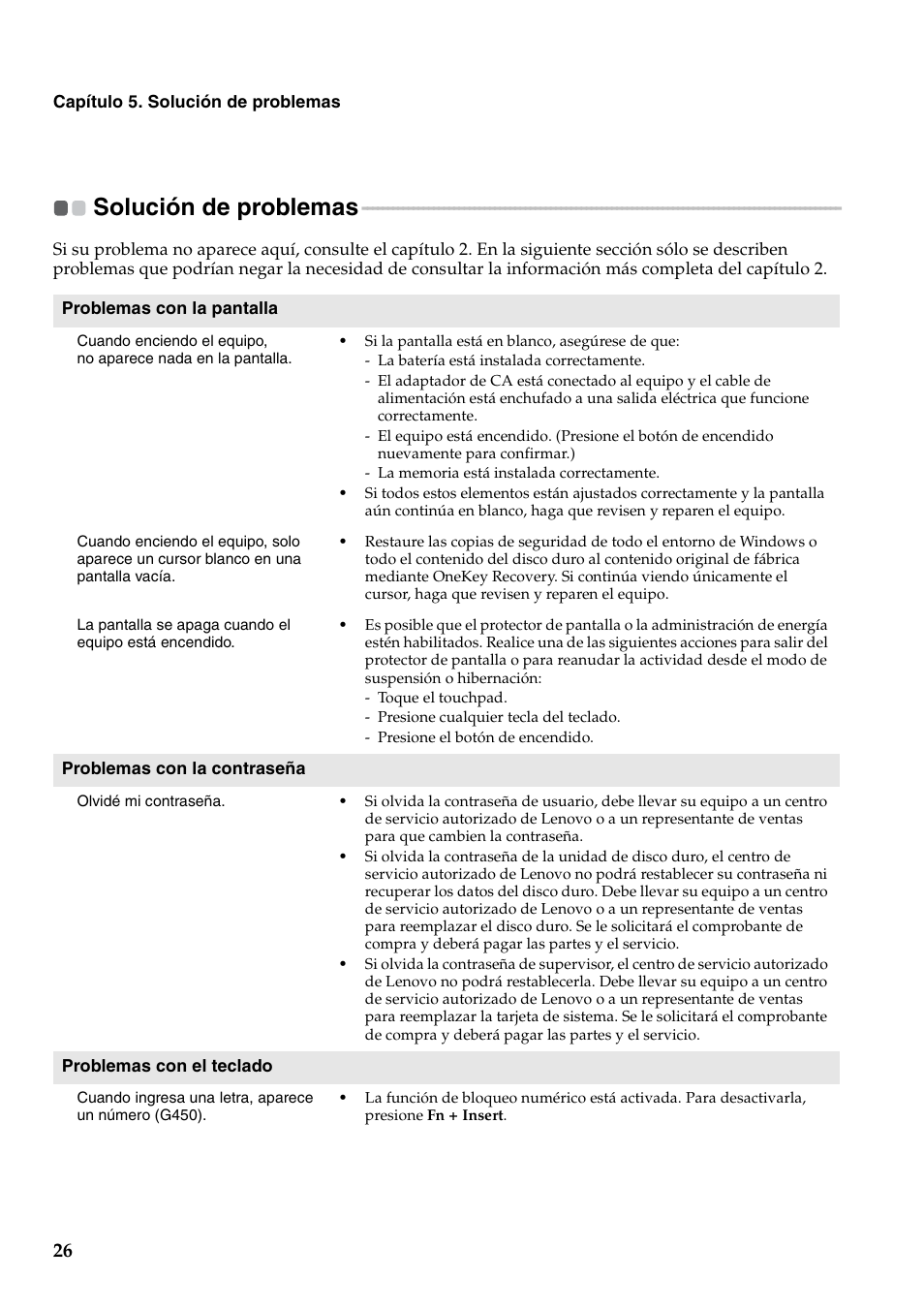 Solución de problemas | Lenovo G450 Notebook User Manual | Page 34 / 112