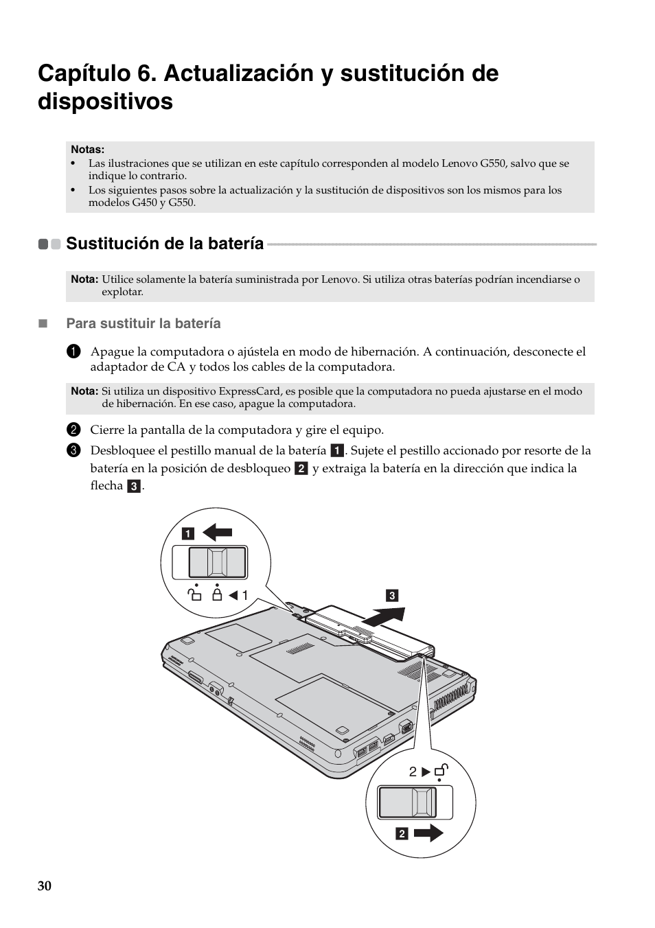 Sustitución de la batería | Lenovo G450 Notebook User Manual | Page 38 / 112