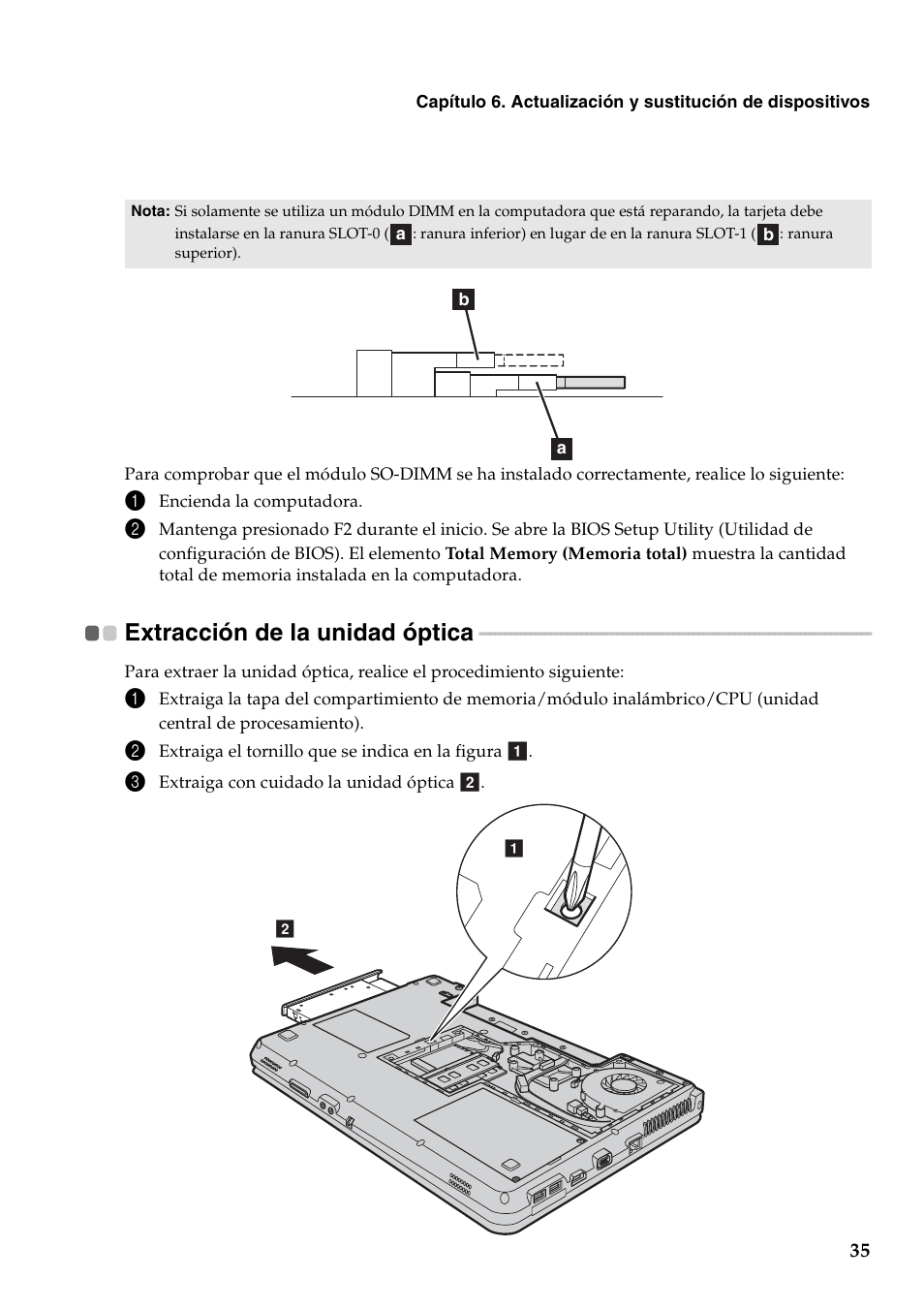 Extracción de la unidad óptica | Lenovo G450 Notebook User Manual | Page 43 / 112
