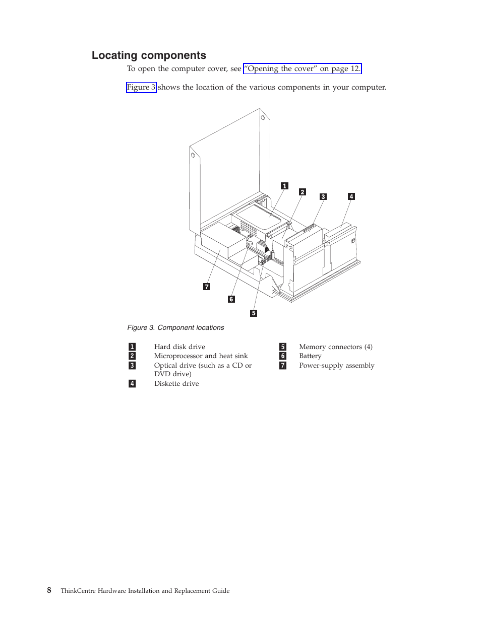 Locating components, Locating, Components | Component, Locations | Lenovo ThinkCentre M57p User Manual | Page 16 / 60