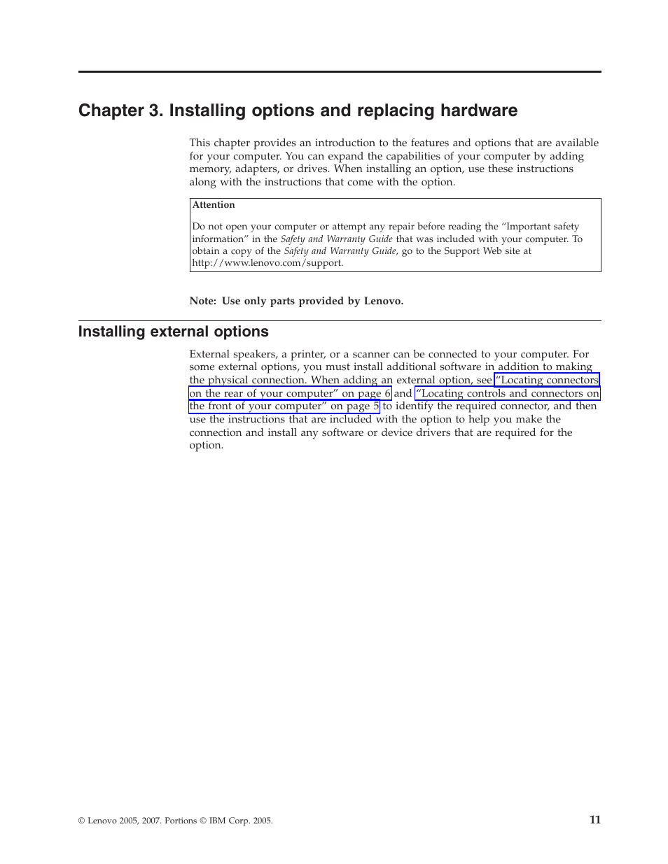 Installing external options, Chapter, Installing | Options, Replacing, Hardware, External | Lenovo ThinkCentre M57p User Manual | Page 19 / 60