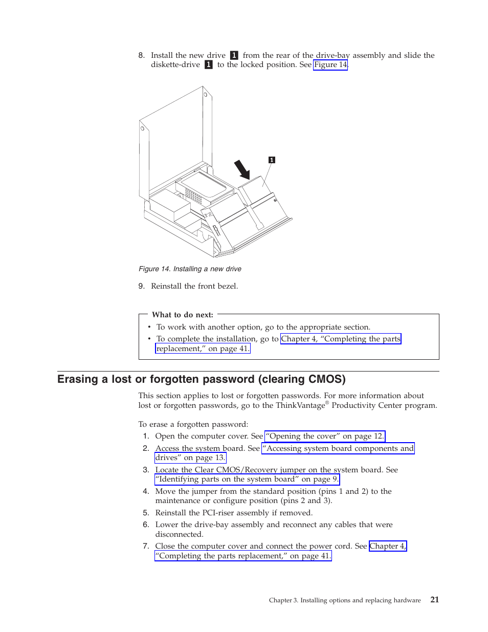 Erasing, Lost, Forgotten | Password, Clearing, Cmos), Installing, Drive | Lenovo ThinkCentre M57p User Manual | Page 29 / 60