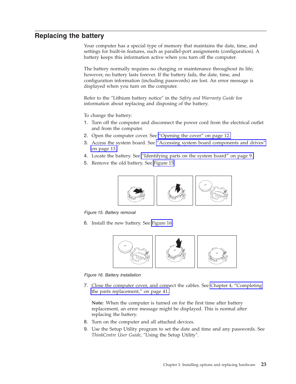 Replacing the battery, Replacing, Battery | Removal, Installation | Lenovo ThinkCentre M57p User Manual | Page 31 / 60