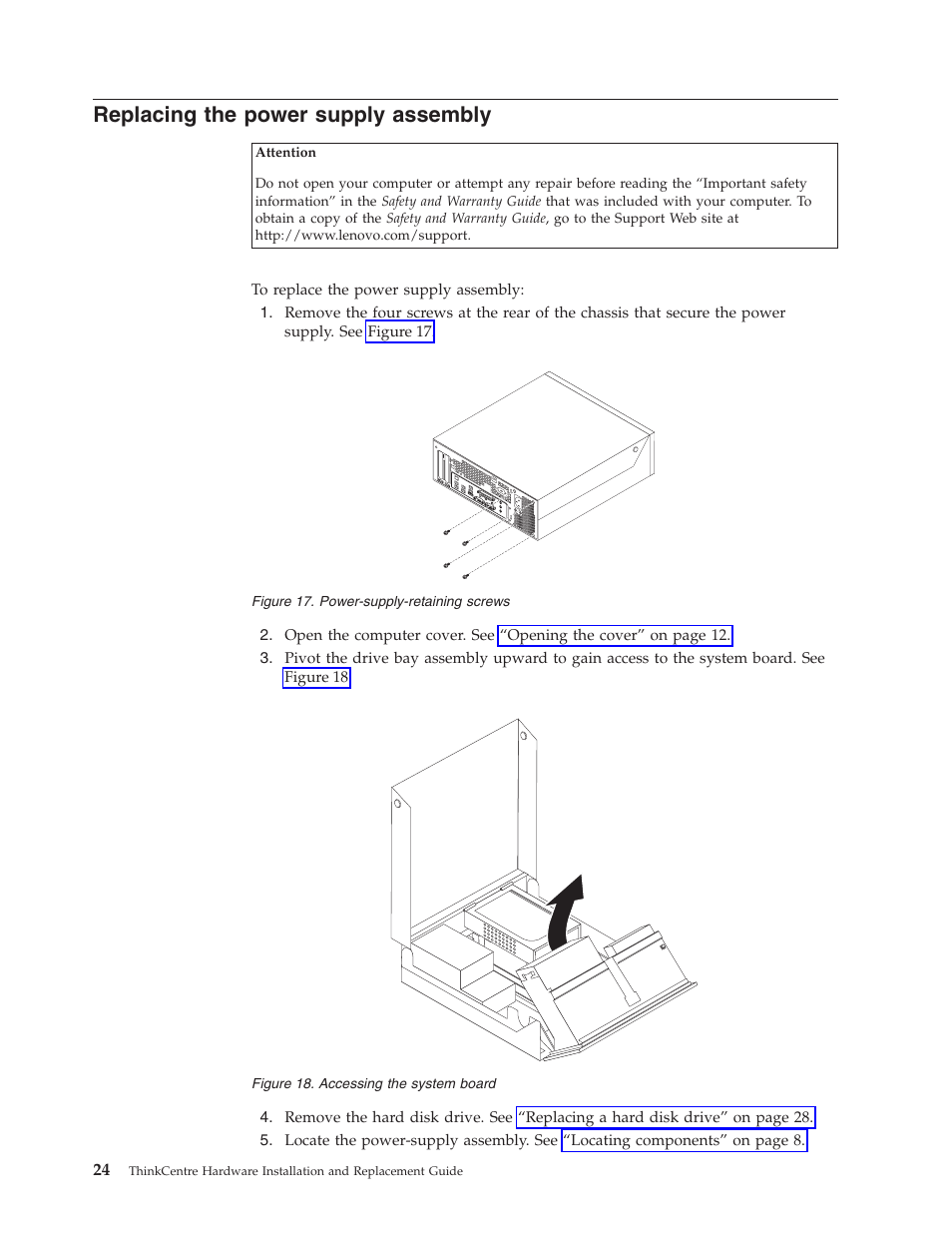 Replacing the power supply assembly, Replacing, Power | Supply, Assembly, Power-supply-retaining, Screws, Accessing, System, Board | Lenovo ThinkCentre M57p User Manual | Page 32 / 60