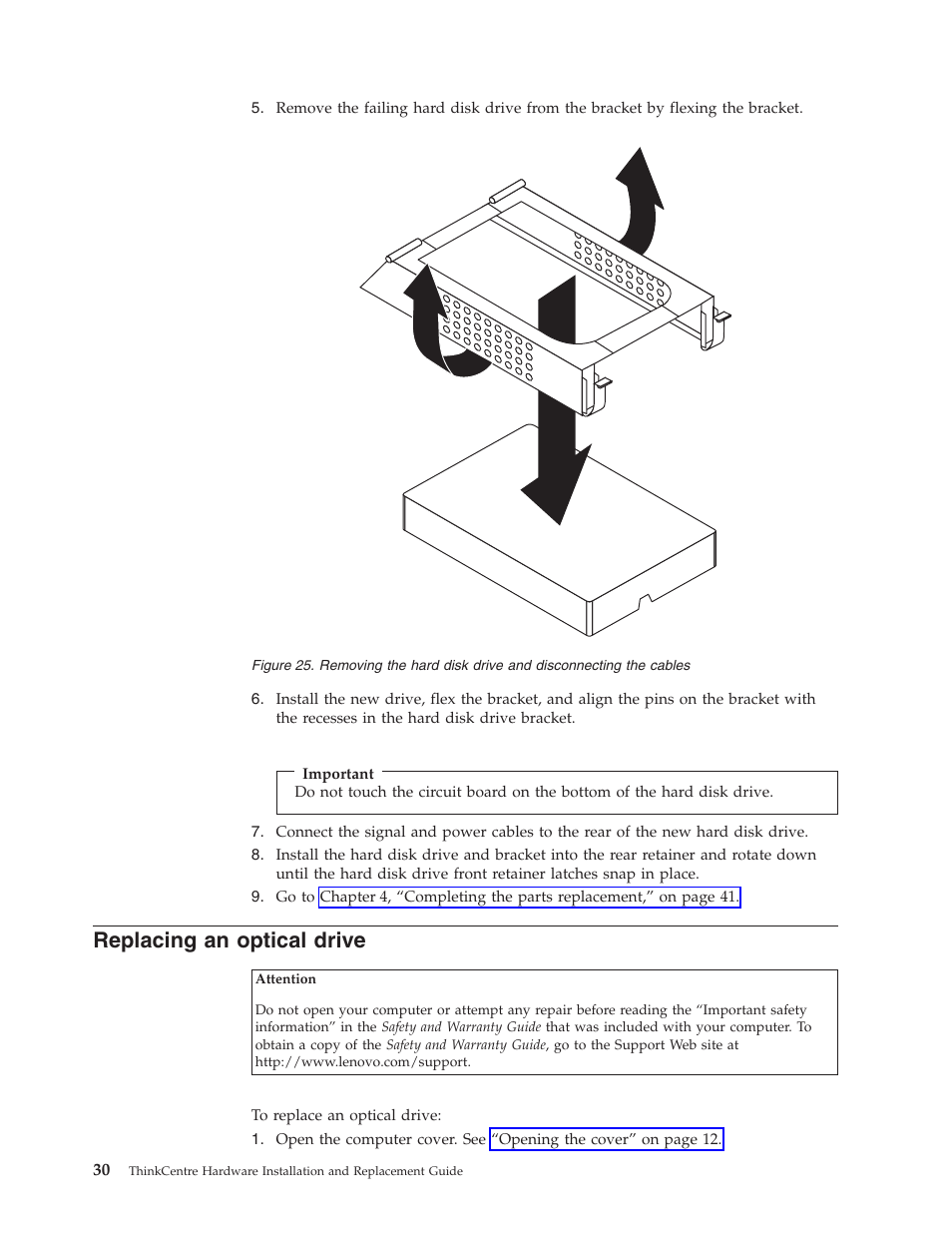 Replacing an optical drive, Replacing, Optical | Drive, Removing, Hard, Disk, Disconnecting, Cables | Lenovo ThinkCentre M57p User Manual | Page 38 / 60