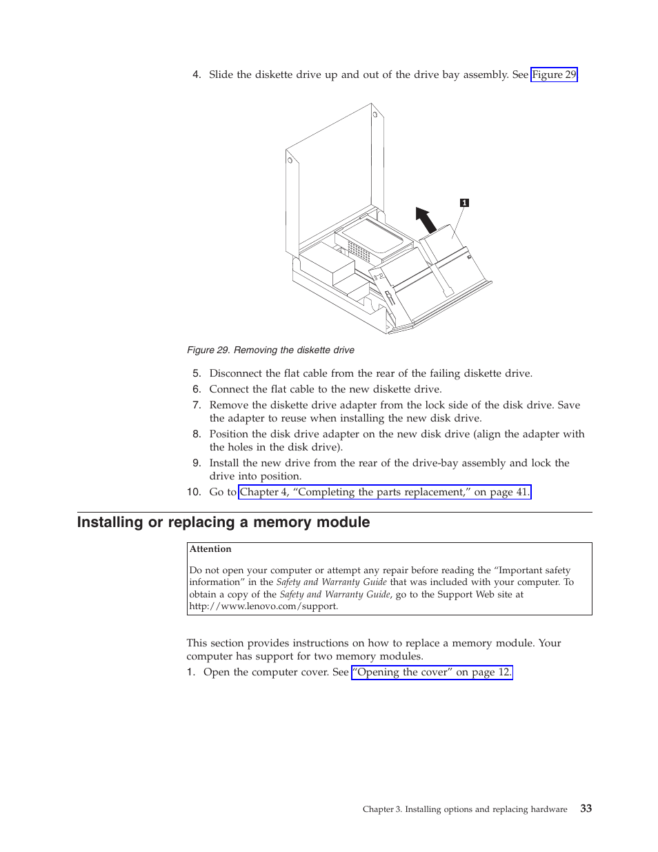 Installing or replacing a memory module, Installing, Replacing | Memory, Module, Removing, Diskette, Drive | Lenovo ThinkCentre M57p User Manual | Page 41 / 60