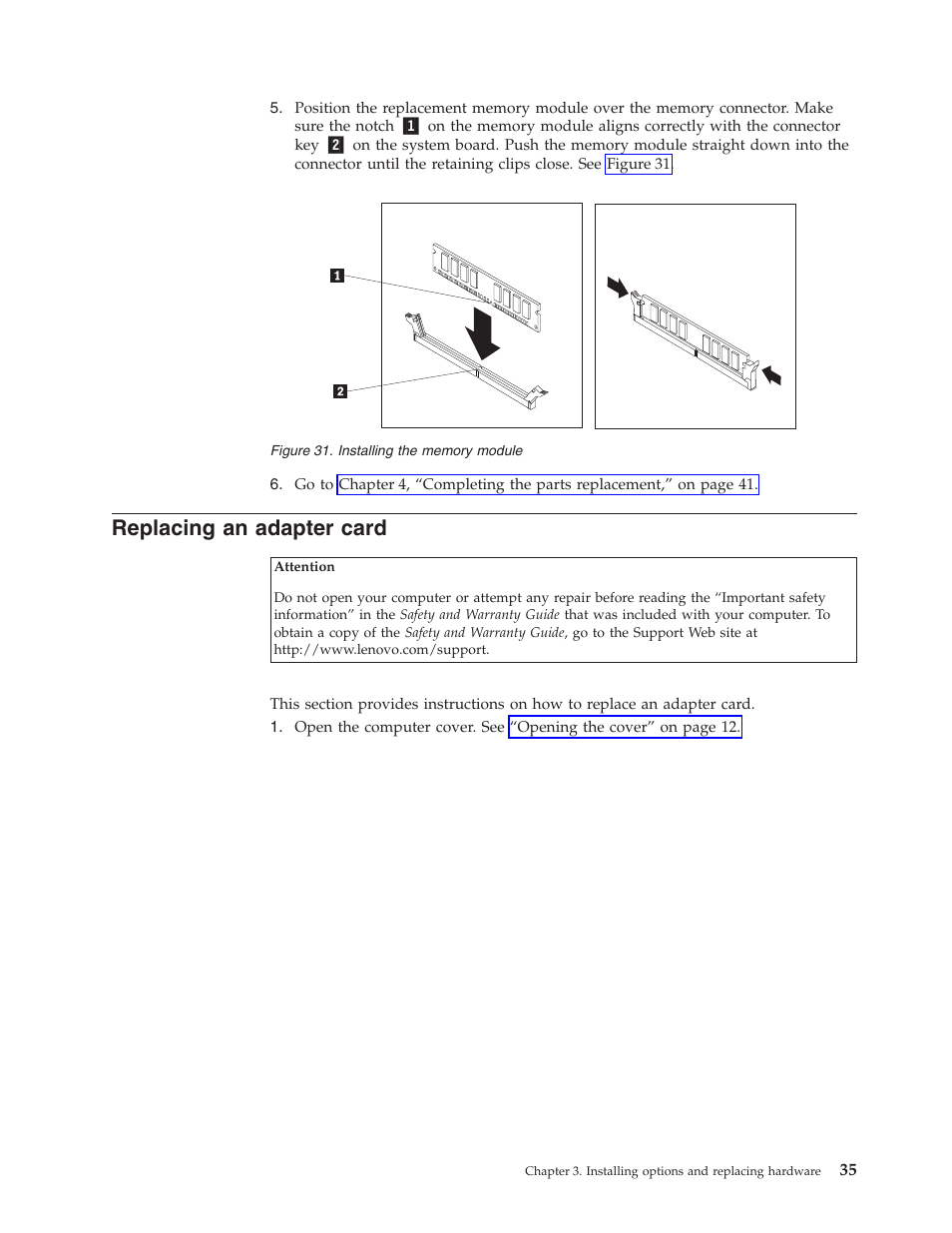 Replacing an adapter card, Replacing, Adapter | Card, Installing, Memory, Module | Lenovo ThinkCentre M57p User Manual | Page 43 / 60