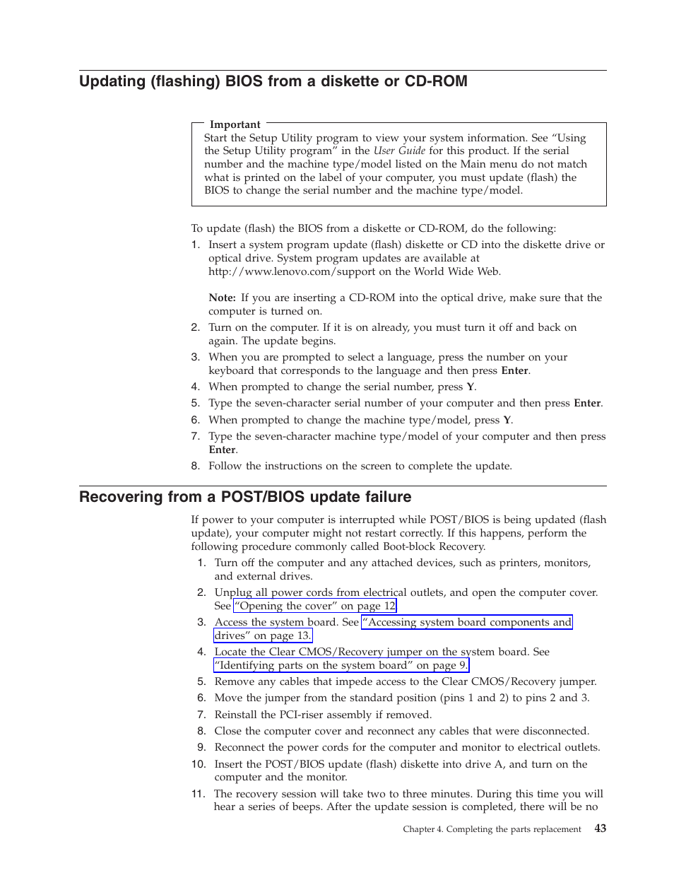 Updating (flashing) bios from a diskette or cd-rom, Recovering from a post/bios update failure, Updating | Flashing), Bios, From, Diskette, Cd-rom, Recovering, Post/bios | Lenovo ThinkCentre M57p User Manual | Page 51 / 60