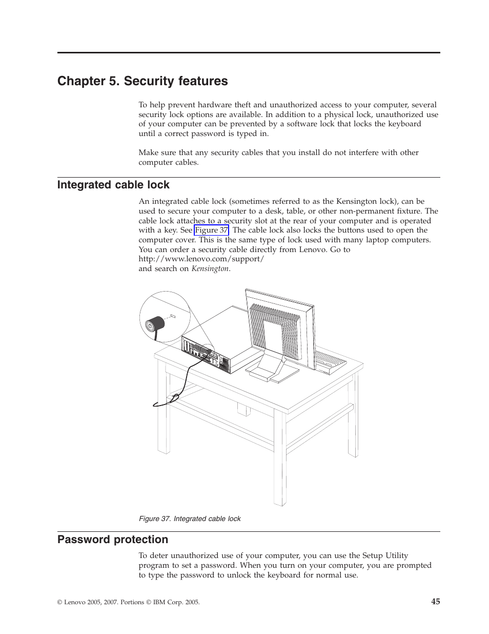 Chapter 5. security features, Integrated cable lock, Password protection | Chapter, Security, Features, Integrated, Cable, Lock, Password | Lenovo ThinkCentre M57p User Manual | Page 53 / 60