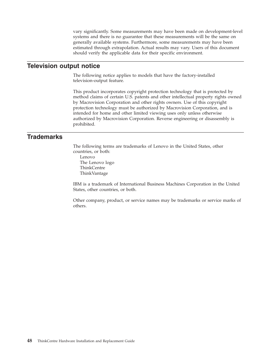 Television output notice, Trademarks, Television | Output, Notice | Lenovo ThinkCentre M57p User Manual | Page 56 / 60