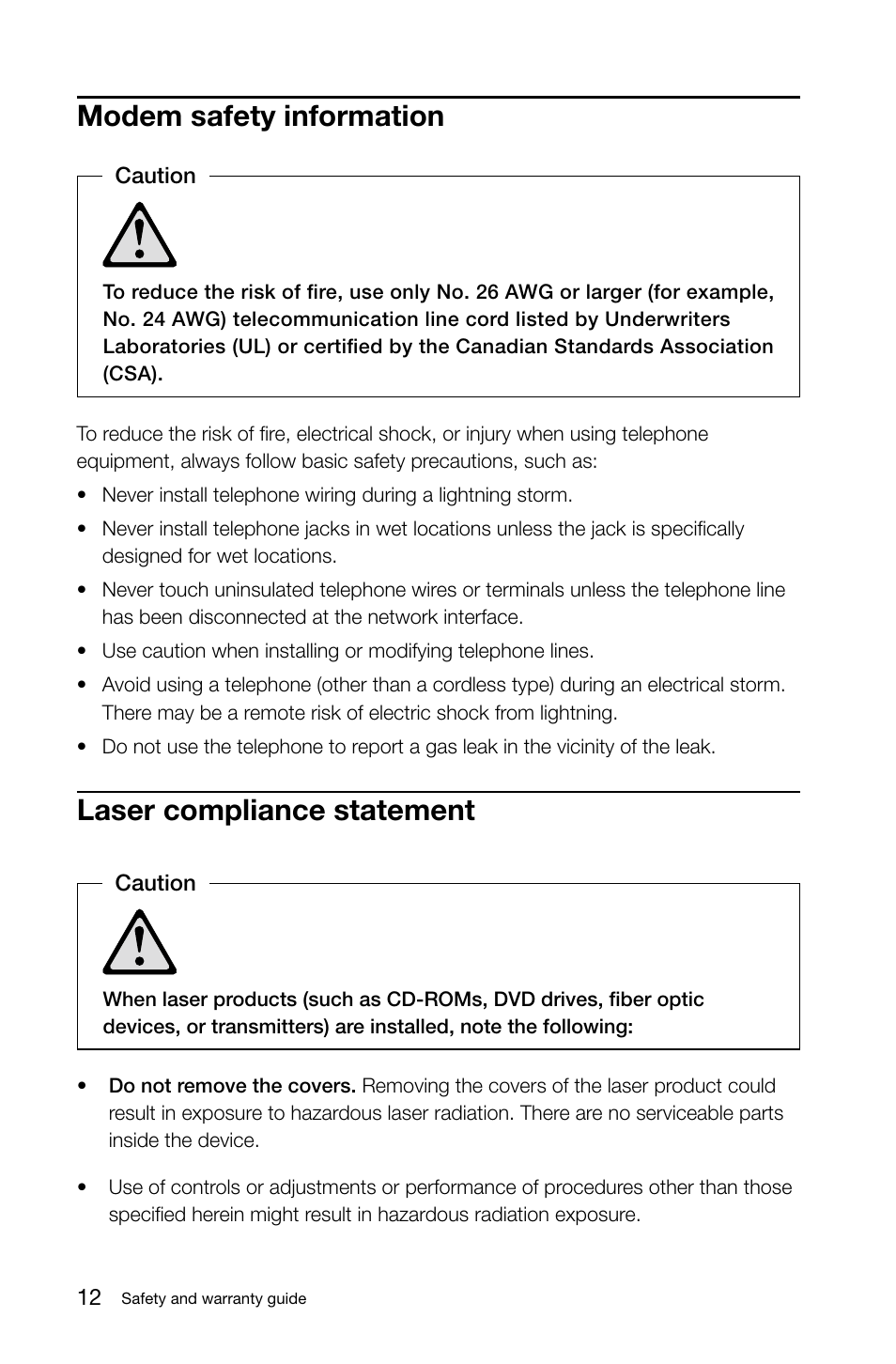 Modem safety information, Laser compliance statement | Lenovo Horizon 27 Table PC IdeaCentre User Manual | Page 17 / 51