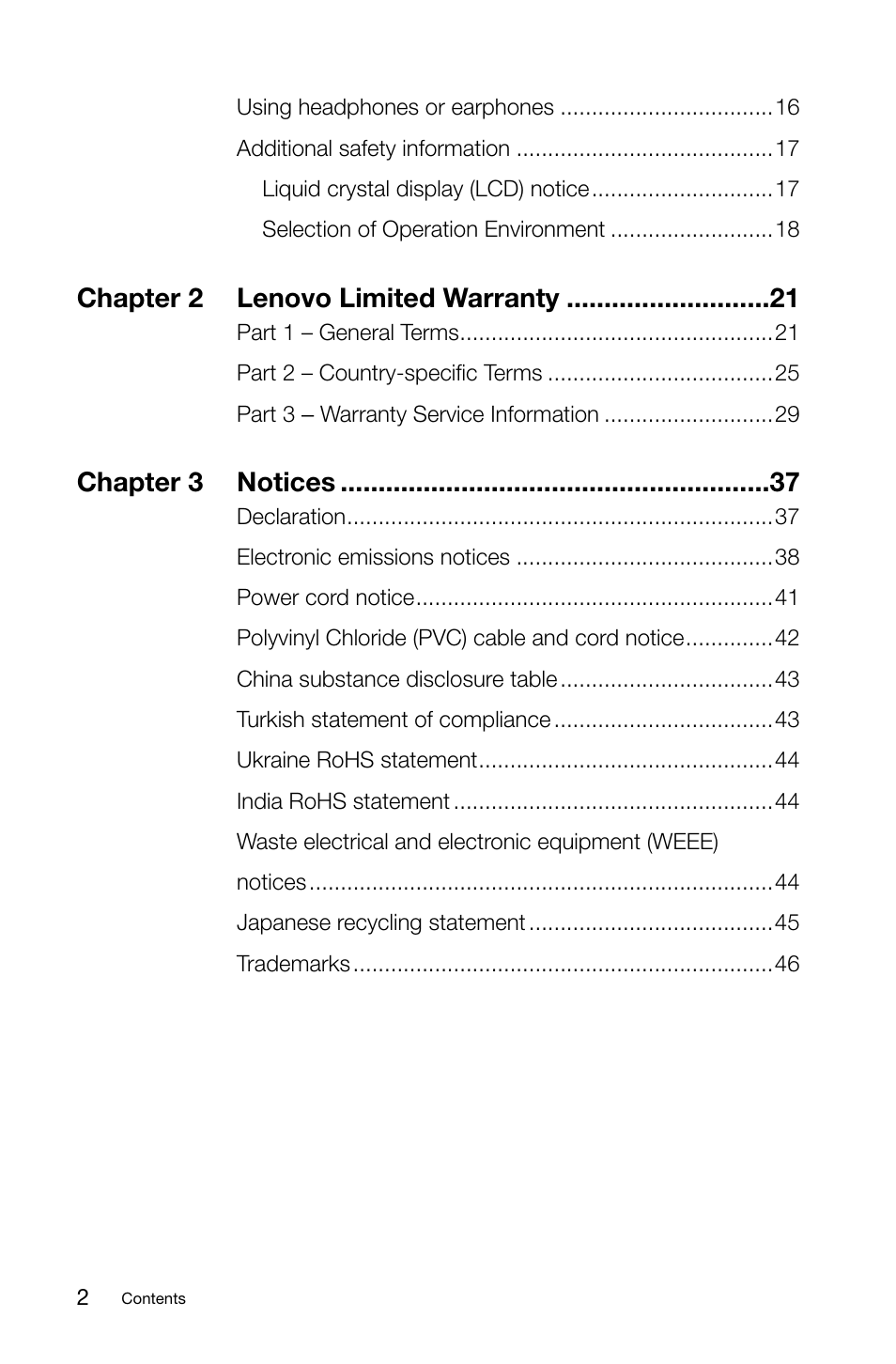 Chapter 2 lenovo limited warranty, Chapter 3 notices | Lenovo Horizon 27 Table PC IdeaCentre User Manual | Page 5 / 51