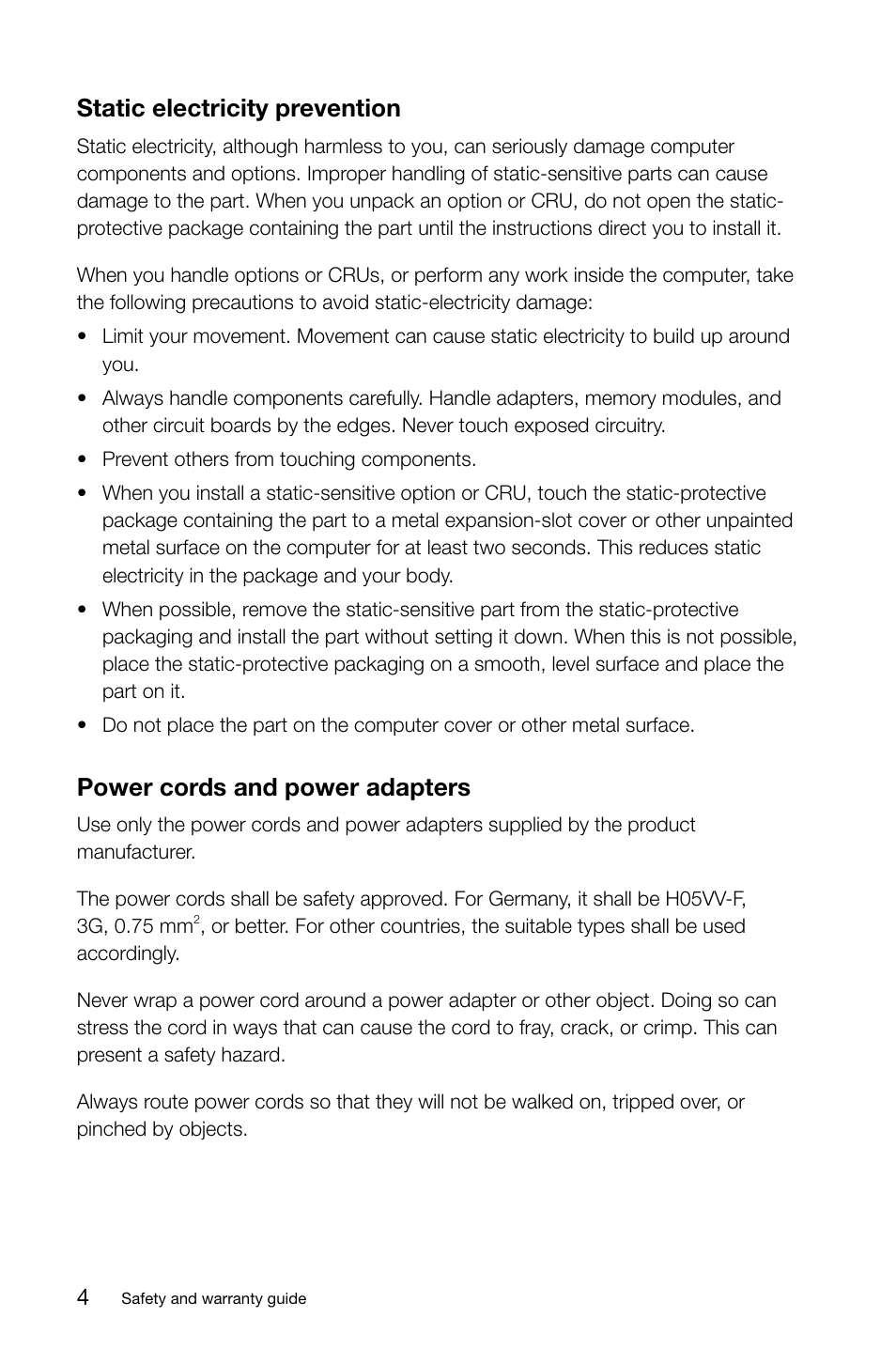 Static electricity prevention, Power cords and power adapters | Lenovo Horizon 27 Table PC IdeaCentre User Manual | Page 9 / 51