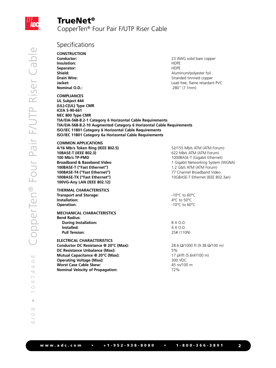 Coppert en, Four pair f/utp riser cable, Truenet | Copperten, Four pair f/utp riser cable specifications | ADC TrueNet F/UTP Riser Cable User Manual | Page 2 / 4