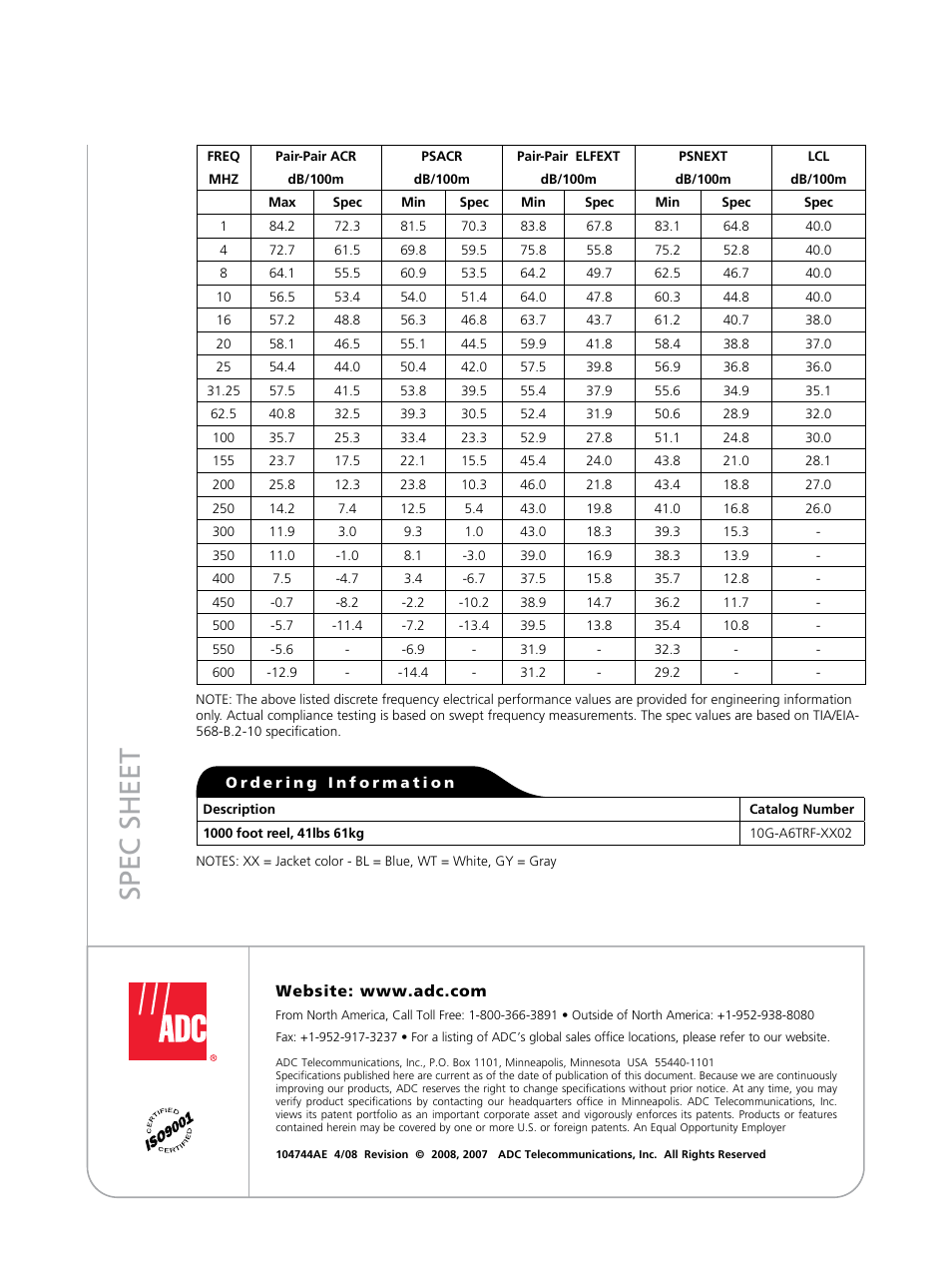Spec sheet | ADC TrueNet F/UTP Riser Cable User Manual | Page 4 / 4
