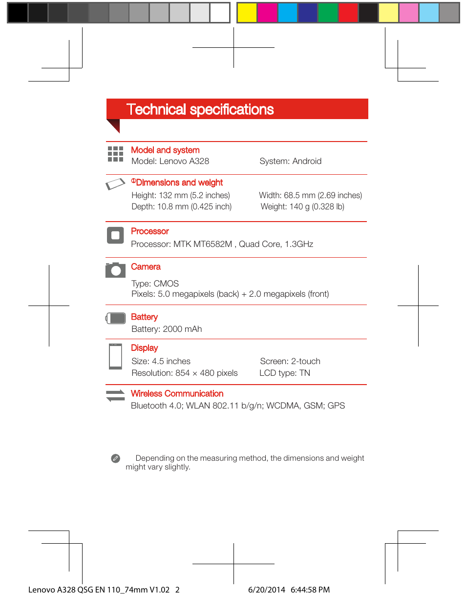 Technical specifications | Lenovo A328 Smartphone User Manual | Page 2 / 6