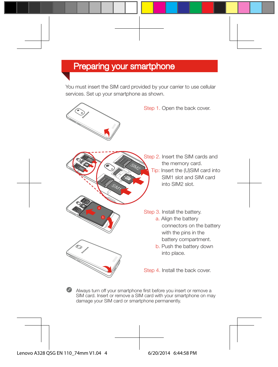 Preparing your smartphone | Lenovo A328 Smartphone User Manual | Page 4 / 6