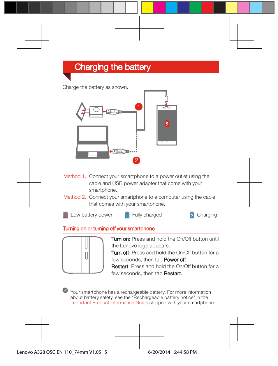 Charging the battery | Lenovo A328 Smartphone User Manual | Page 5 / 6