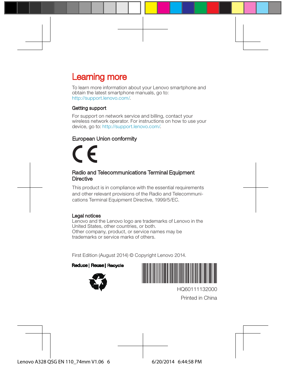 Learning more | Lenovo A328 Smartphone User Manual | Page 6 / 6