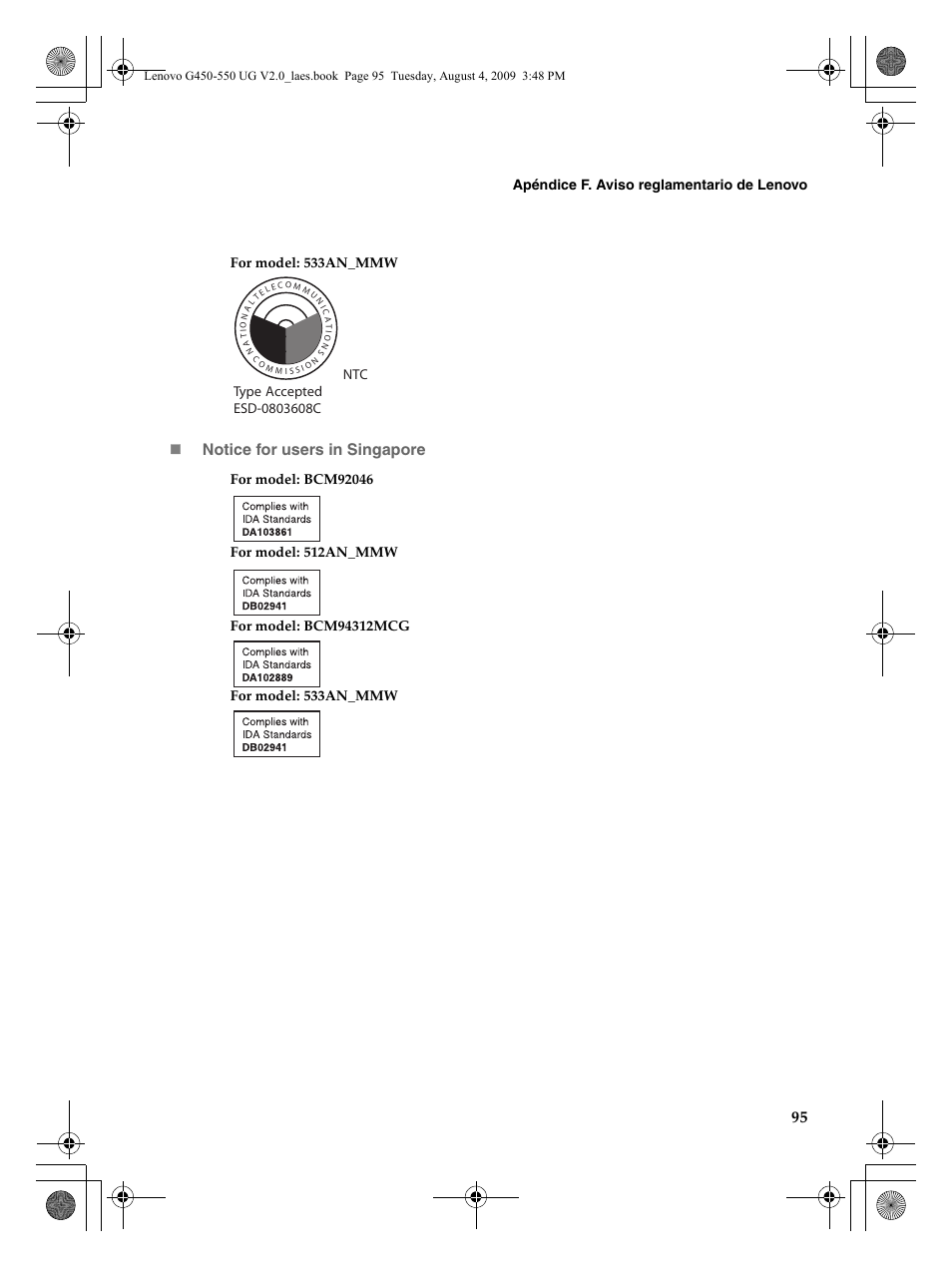 Notice for users in singapore, Apéndice f. aviso reglamentario de lenovo, For model: 533an_mmw | Lenovo G450 Notebook User Manual | Page 103 / 110