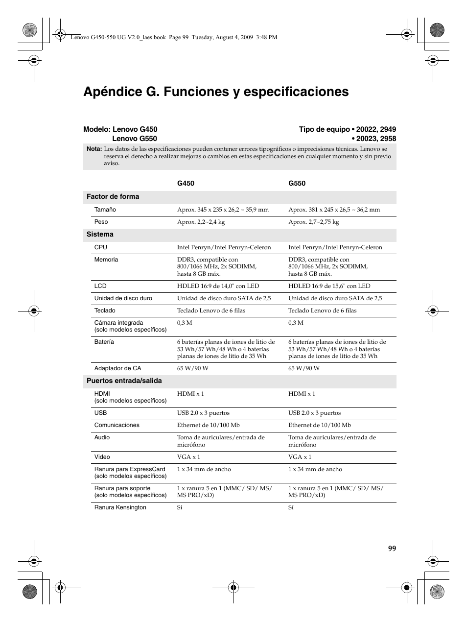 Apéndice g. funciones y especificaciones | Lenovo G450 Notebook User Manual | Page 107 / 110