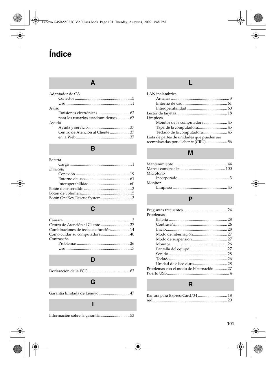 Índice | Lenovo G450 Notebook User Manual | Page 109 / 110