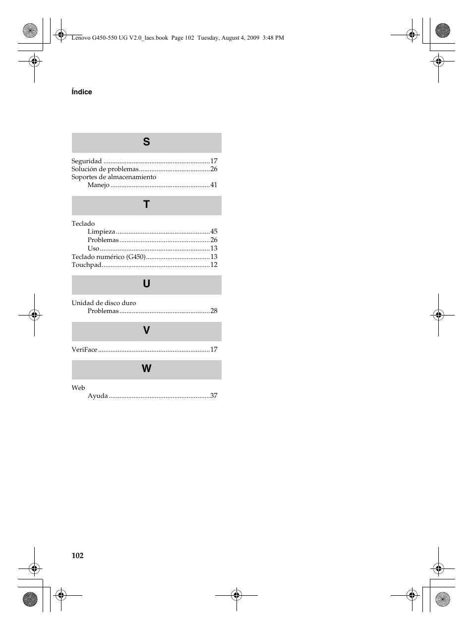 St u v w | Lenovo G450 Notebook User Manual | Page 110 / 110