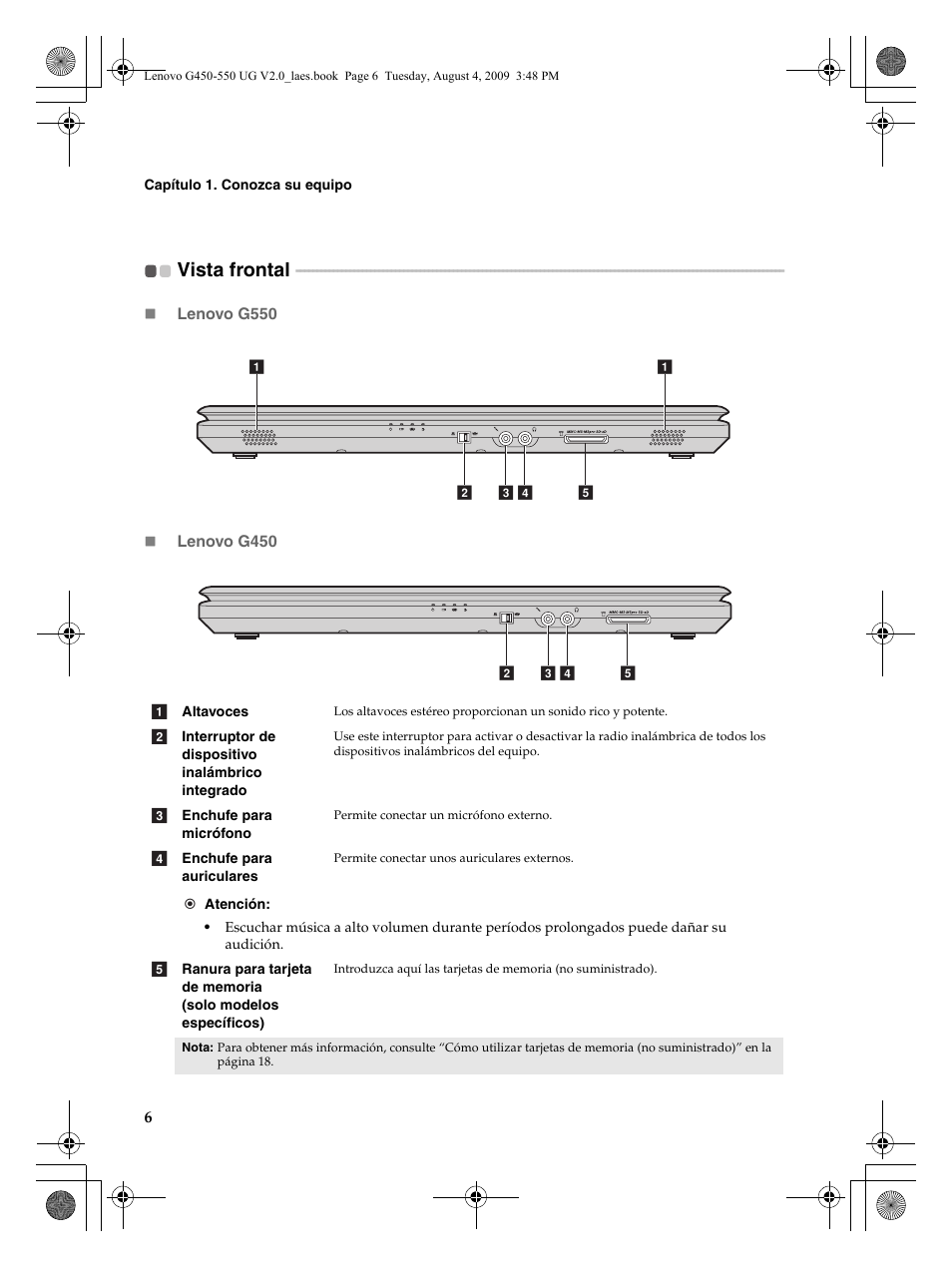 Vista frontal | Lenovo G450 Notebook User Manual | Page 14 / 110