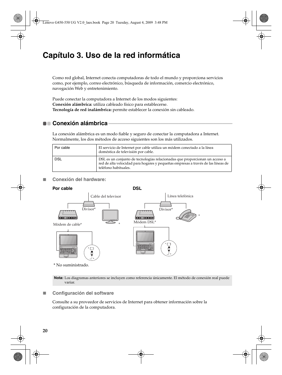 Capítulo 3. uso de la red informática, Conexión alámbrica | Lenovo G450 Notebook User Manual | Page 28 / 110