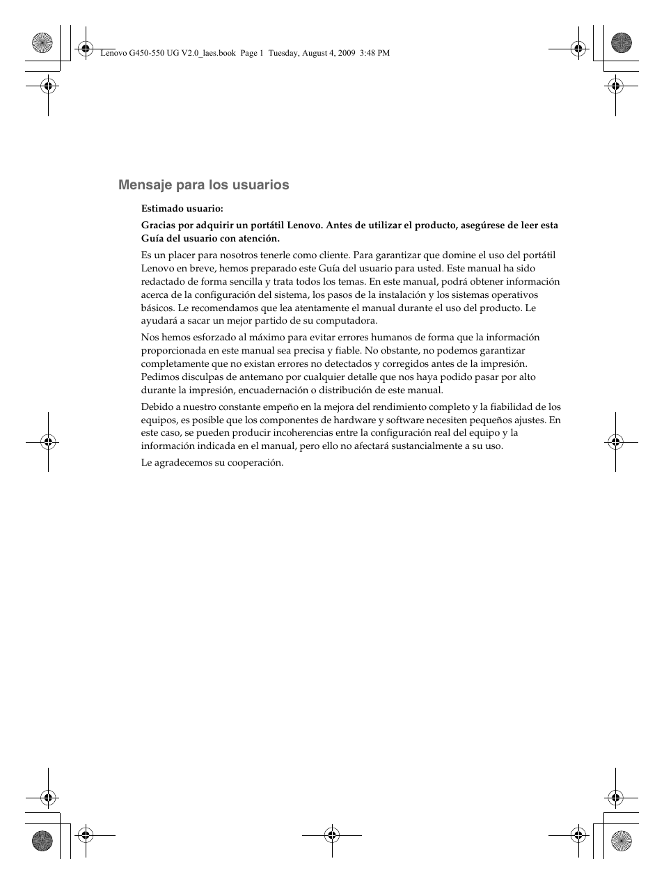 Mensaje para los usuarios | Lenovo G450 Notebook User Manual | Page 3 / 110