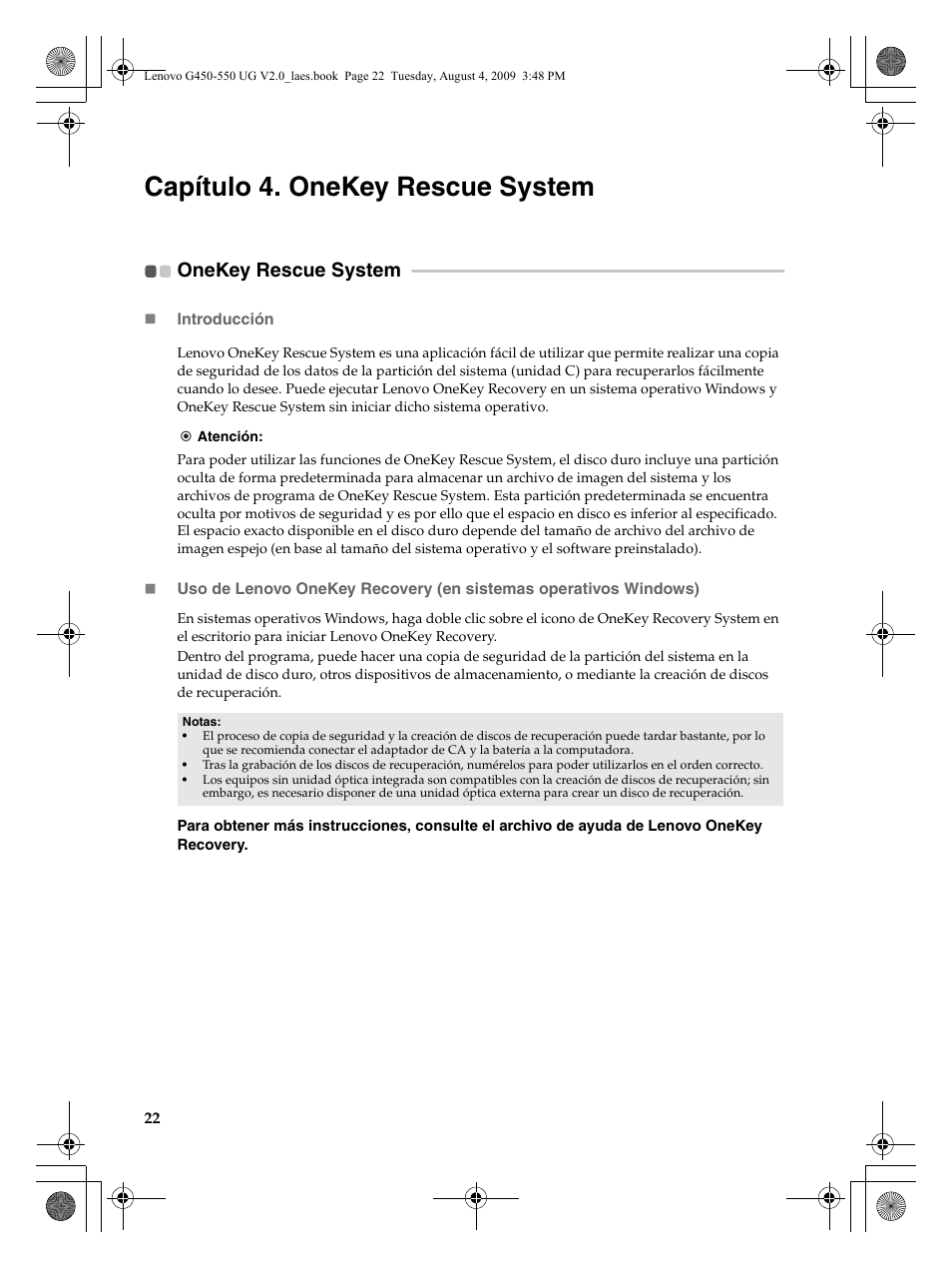 Capítulo 4. onekey rescue system, Onekey rescue system | Lenovo G450 Notebook User Manual | Page 30 / 110